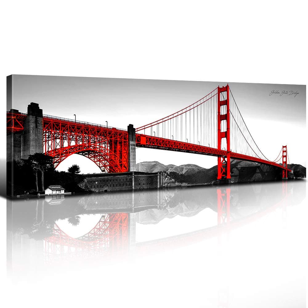 San Francisco Golden Gate Bridge Wall Art Modern Canvas Prints Cityscape Pictures for Living Room Bedroom Decor Red Black and White California City Wall Paintings Artwork Office Home Decorations