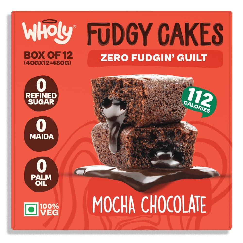 Wholy Mocha Chocolate Fudgy Center Filled Eggless Coffee Cake | Baked with Jaggery & Belgian Cocoa | No Maida | No Palm Oil | No Preservatives | High Fiber | Low Cal | Wholegrain | Moist Snack Cake - 40g (Pack Of 12)