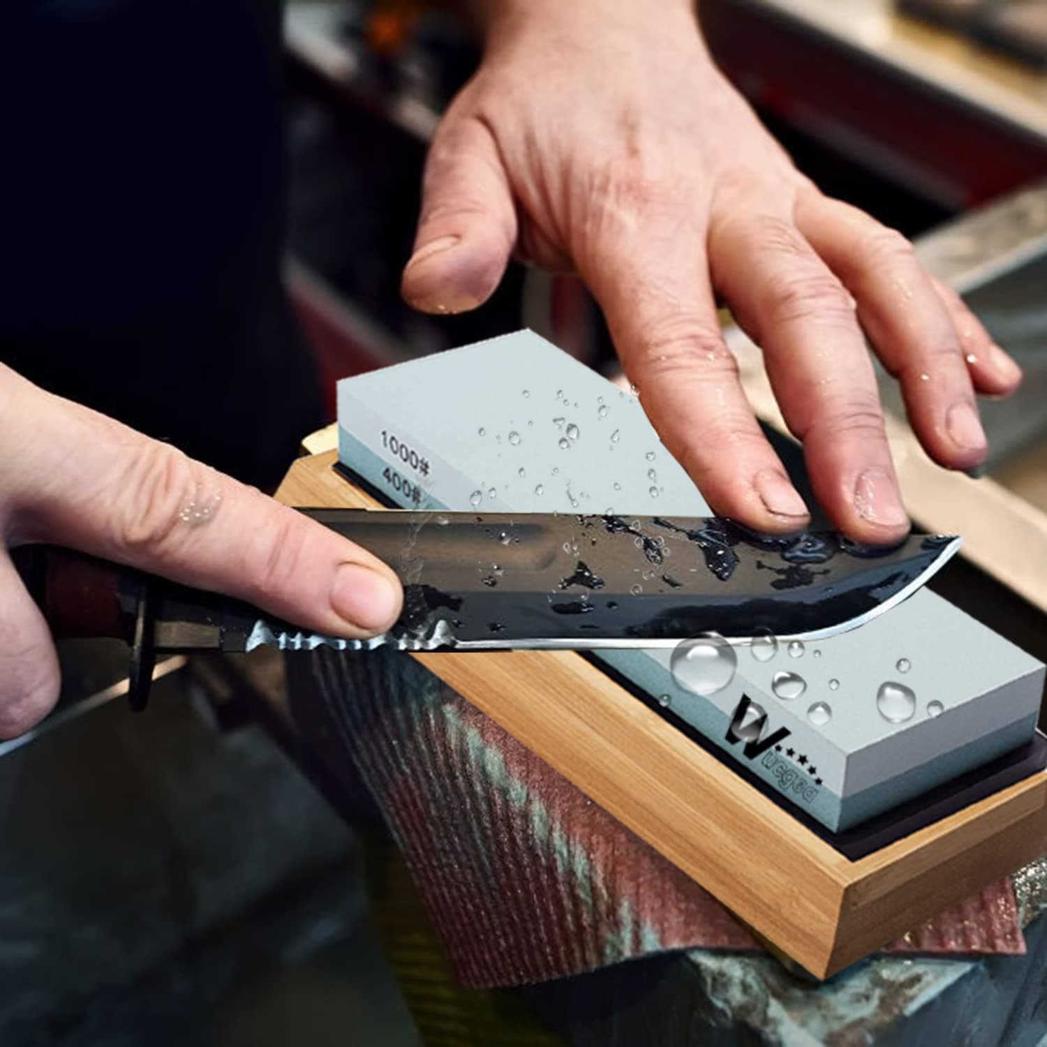 wucgea Knife Sharpening Stone Kit - 400/1000 3000/8000 Grit Japanese Whetstone Sharpener set with Non-slip Rubber Base Angle Guide Flattening stone and Leather Strop