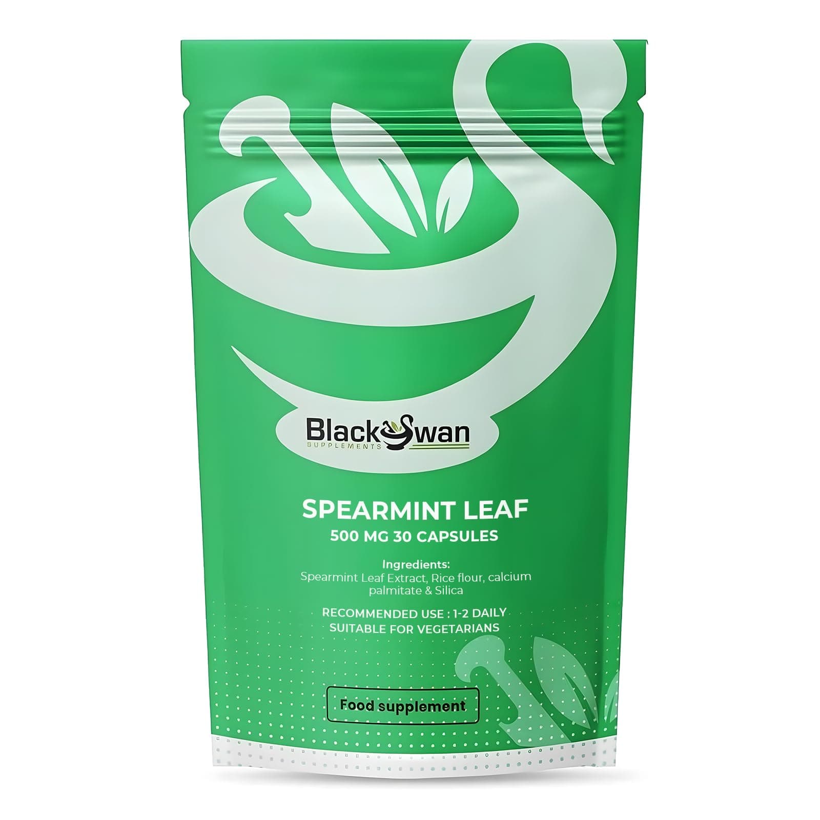 Black Swan Spearmint Leaf Capsules - 500mg Hormonal Balance Digestive Health Fatigue & Stress Relief Support Antioxidant Formula Natural Supplement - 30 Caps 1 Month Supply