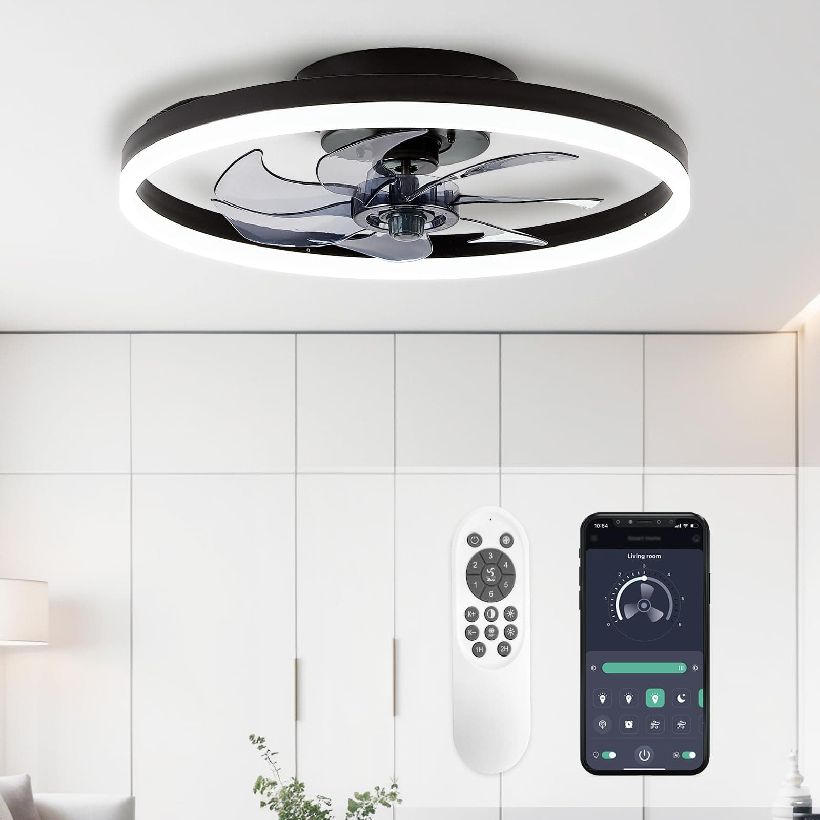 STERREN 20'' Modern Low Profile Ceiling Fan with Light, Bedroom LED Ceiling Fan with Remote Control, Bladeless Flush Mount Black Fan Lights Ceiling Fixtures for Living Room,Small Room