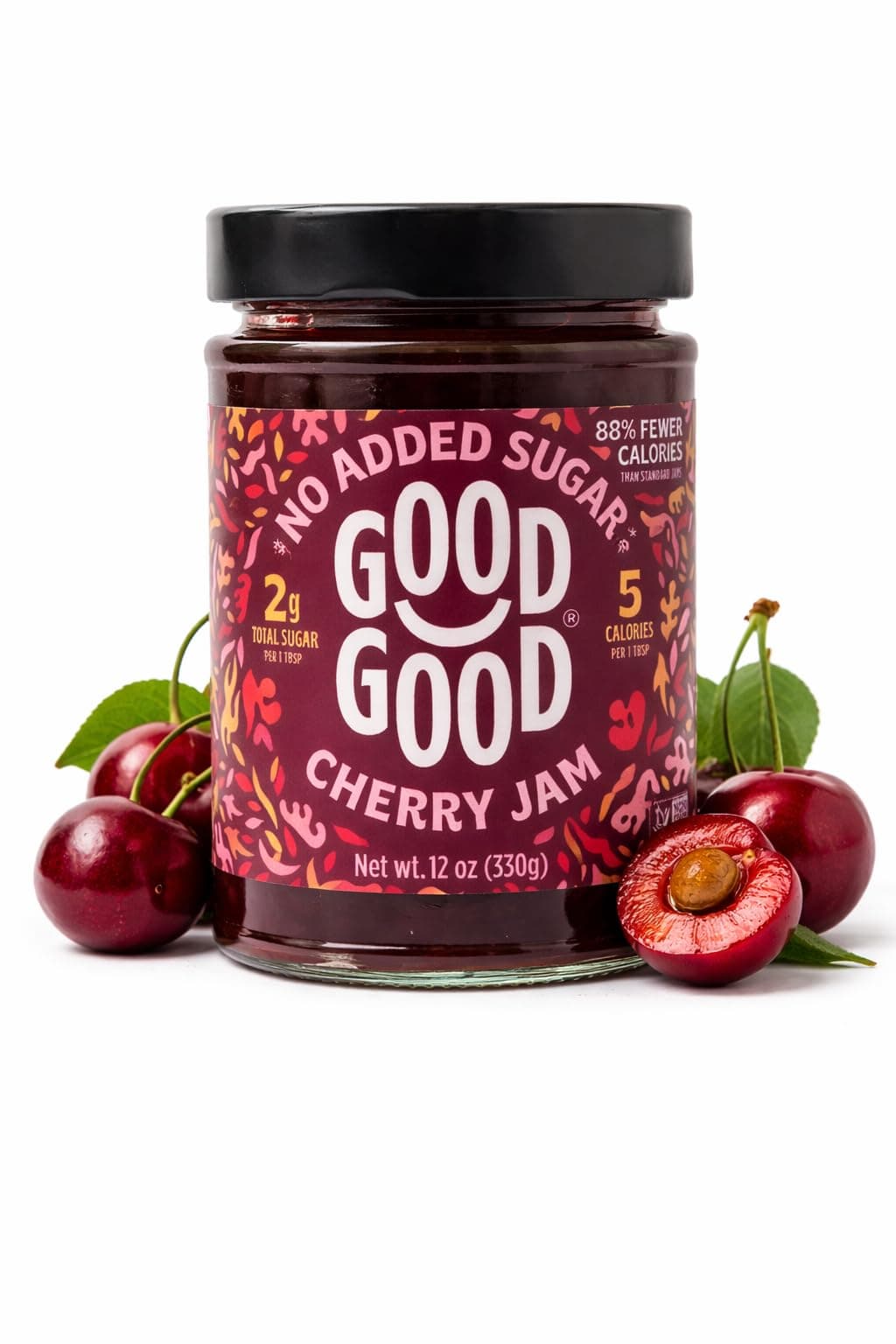 GOOD GOOD Cherry Jam - No Added Sugar - Low Calorie - Gluten Free and Vegan - Diabetic and Keto Friendly - 12oz / 330g (Pack of 1)