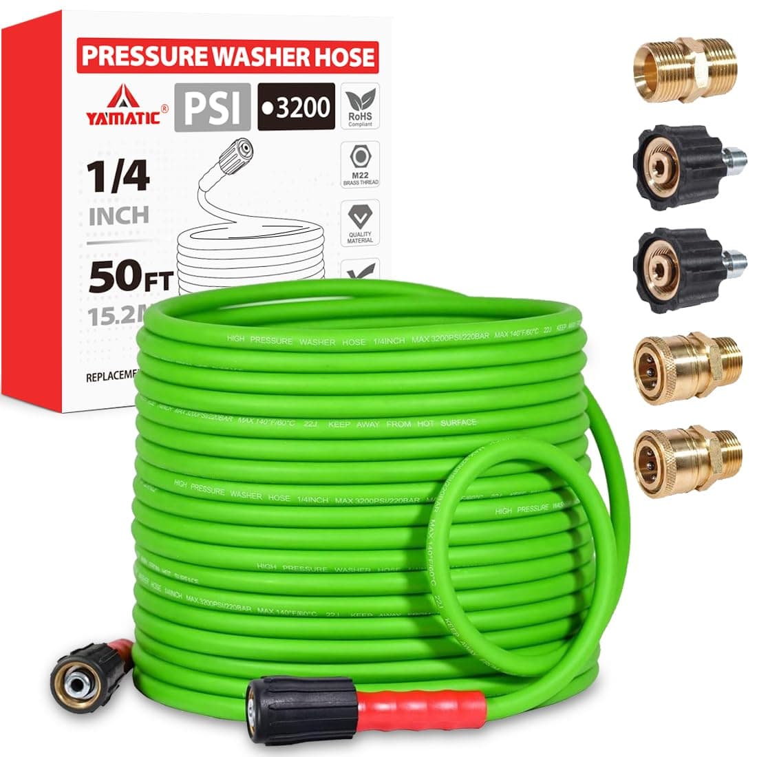 YAMATIC Super Flexible Pressure Washer Hose 50FT for Power Washer Replacement, Kink Resistant Extension With Leak-Free M22 Female & 3/8" Quick Connect Adapters, 1/4" 3200 PSI, Green