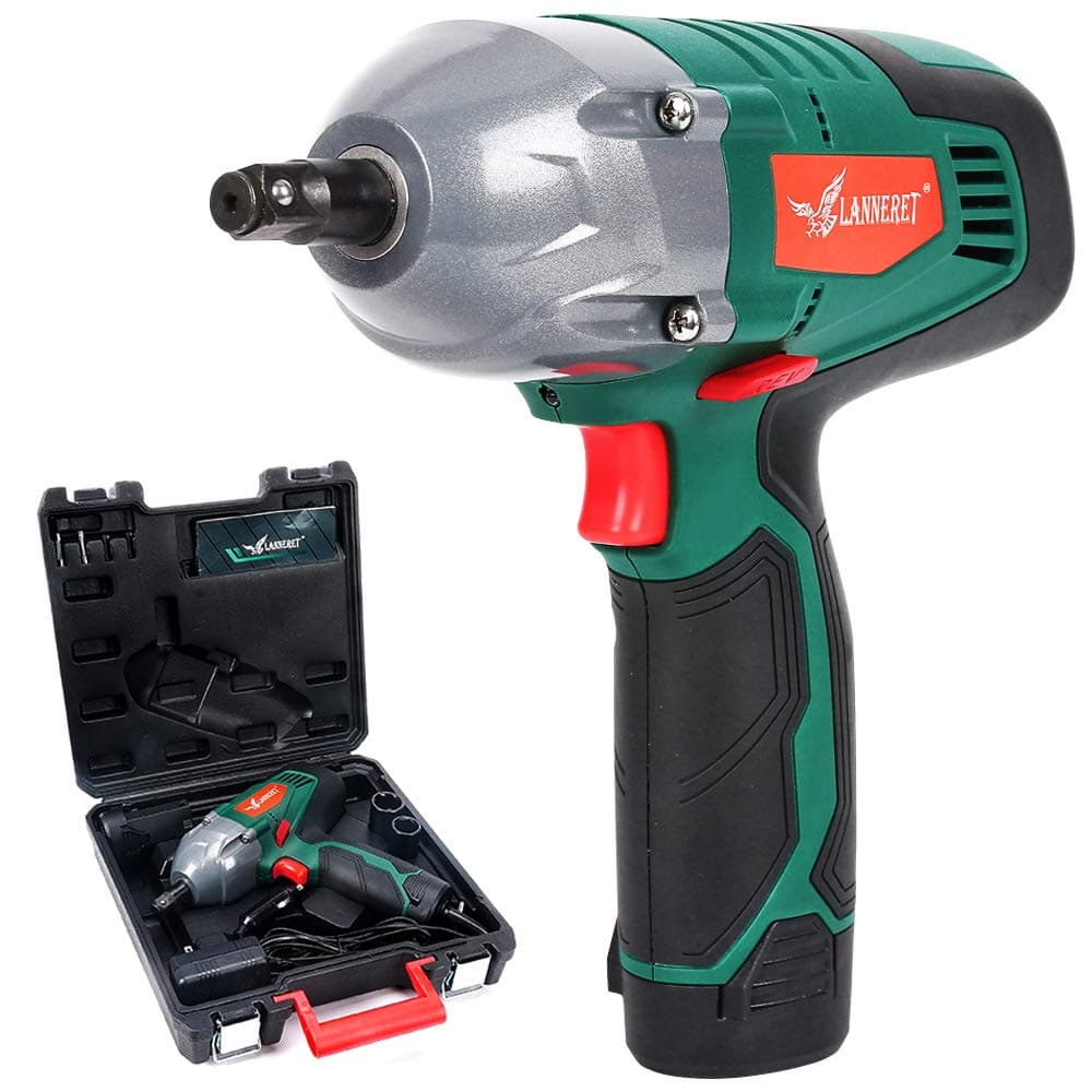 LANNERET Cordless Electric Impact Wrench Kit,Double Power(Battery-Powered or Corded-Electric),300 ft-lbs 400 N.M Torque,1/2 Inch 12 Volts Portable Car Impact Wrench,Digital Display Torque Adjustable