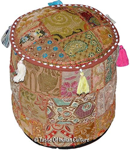 Brown 12" Indian Round Patchwork Ottoman Pouf Small Footstool Chair Handmade