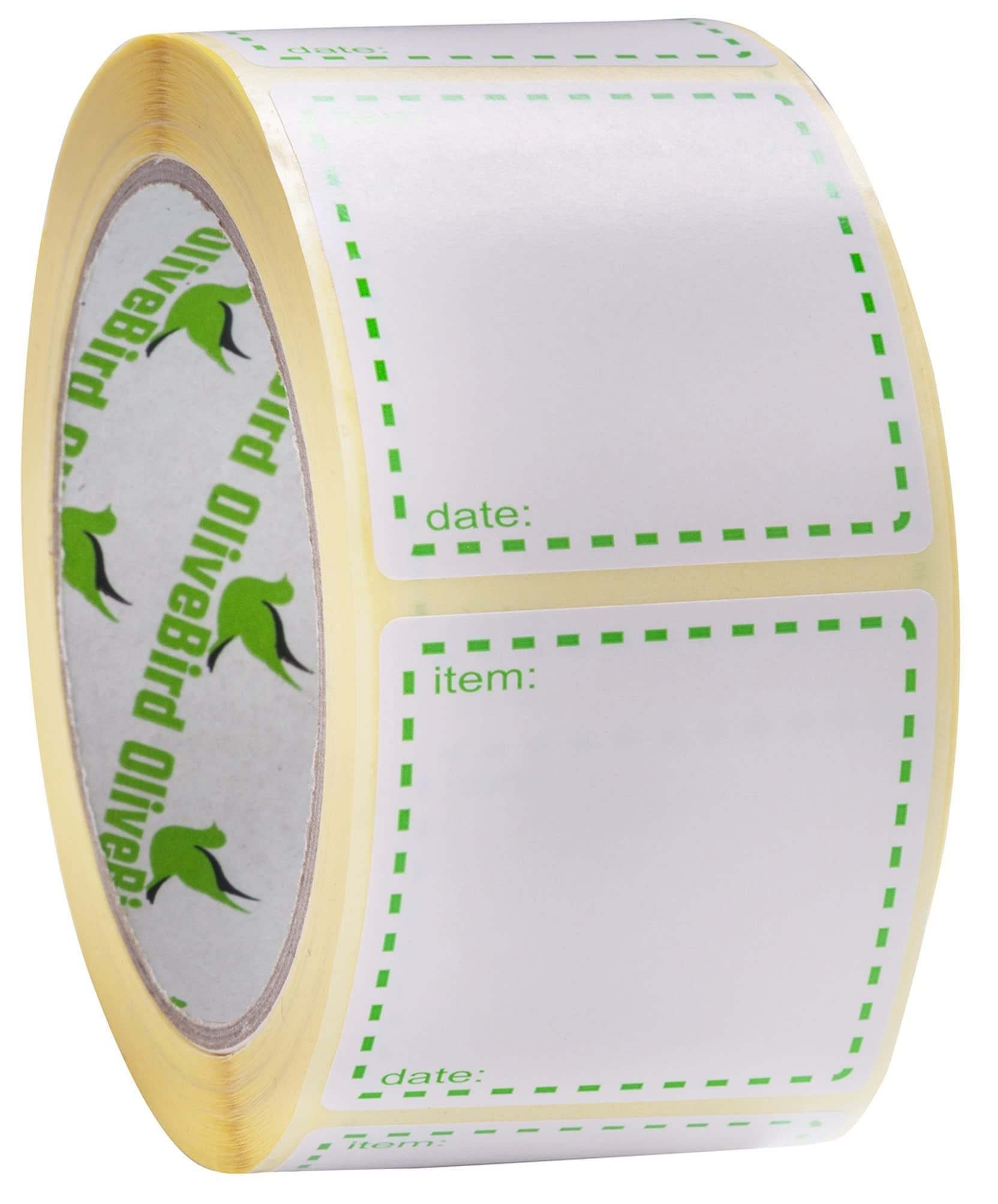 OliveBird500 x Removable Labels On Roll, Size 50x50mm Square, White and Green Date Labels Use for Reusable Containers