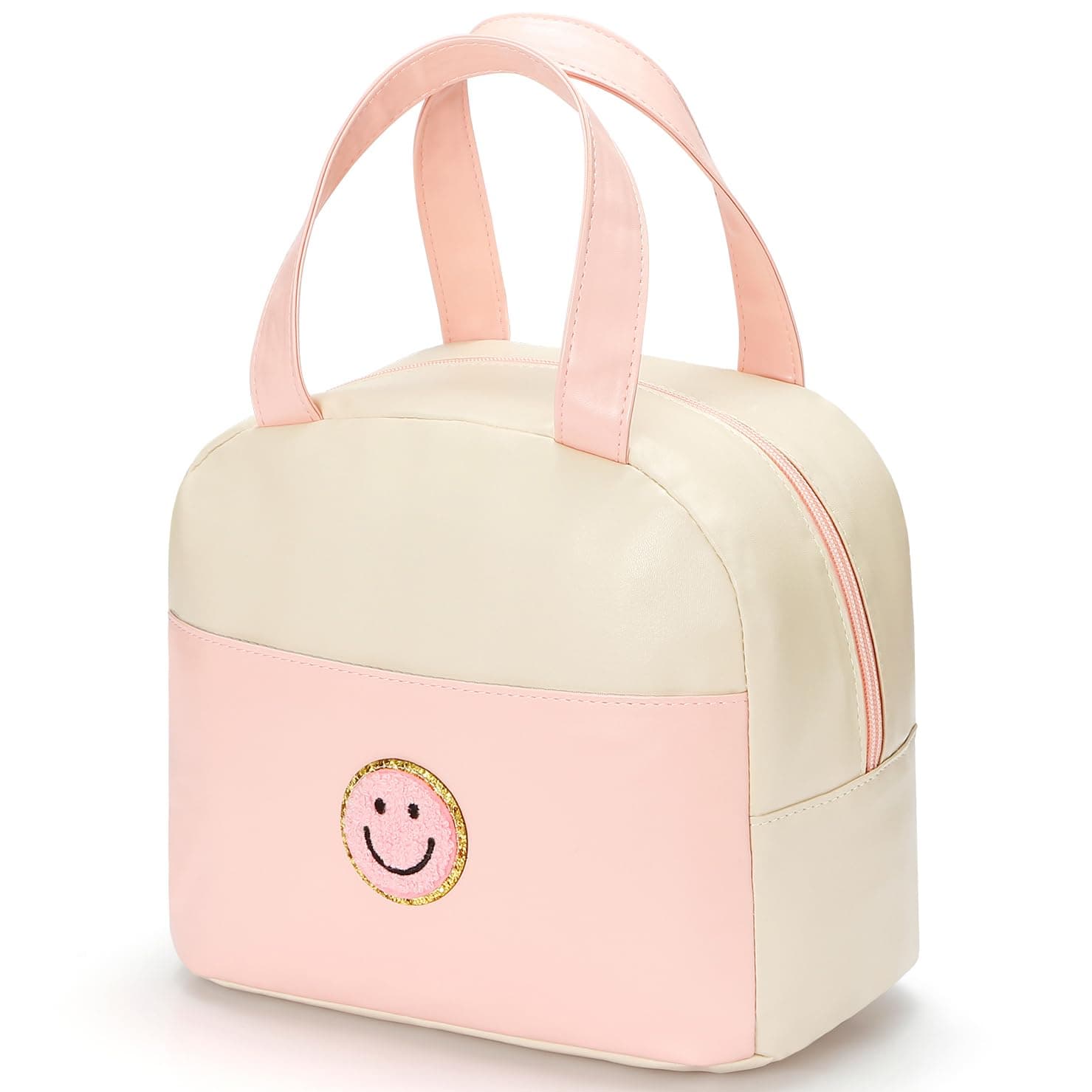 Lunch Bag for Women Large Insulated Lunch Box Reusable Lunch Tote with Preppy Soft Leather Bag for Work Picnic Travel (White&Pink)