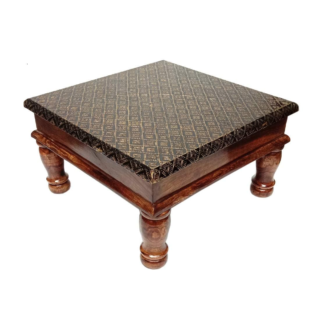 wai Antique Brass Wooden Sitting Table Square/Pooja chowki/pata / / chaurang/bajot and Footstool for Home Decoration and Living Room Medium Size (15 x 15 x 8.5 in) Square Brass Art