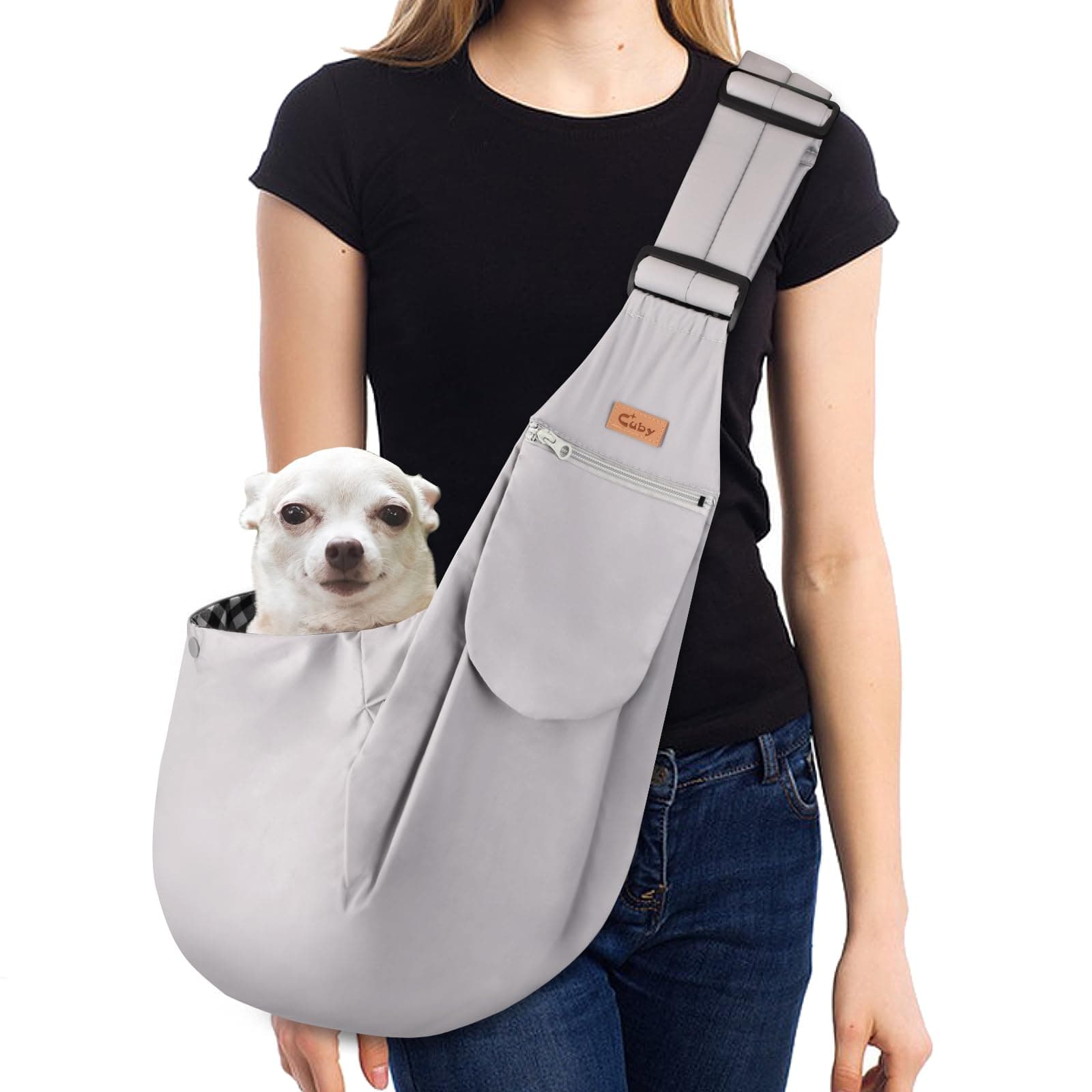 CUBY Dog and Cat Sling Carrier, Hands Free Reversible Pet Papoose Bag, Soft Pouch Adjustable, Suitable for Puppy Cats for Outdoor Travel (Grey Classic, S-Adjustable Strap)