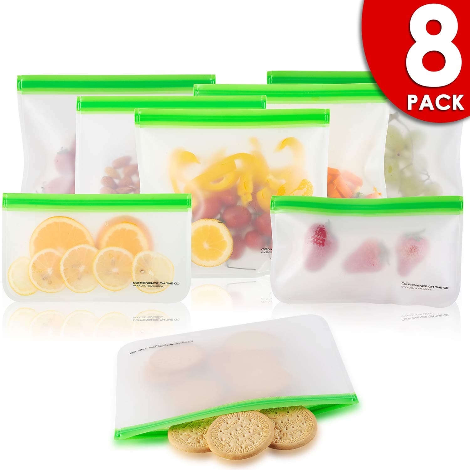 Reusable Storage Bags (8 Pack) Silicone and Plastic Free Ziplock for Food, Lunch Sandwich | Small Kids Snack Size, Travel Baggies and More | Bag with Zipper and seal Lock Top Freezer Safe