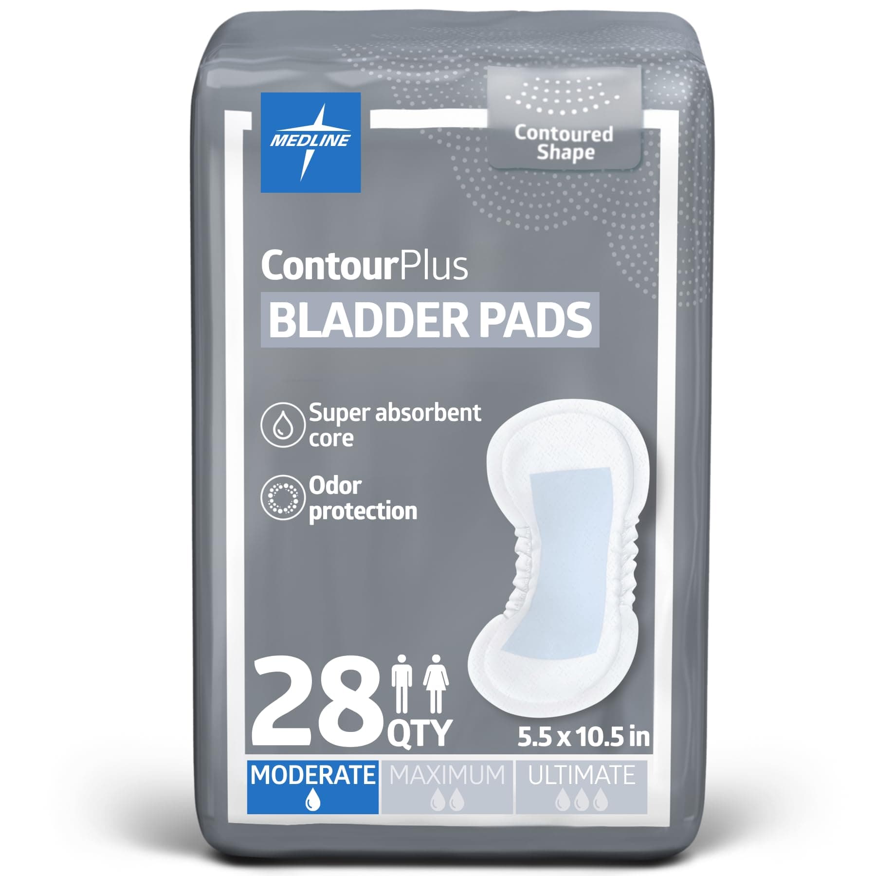 Medline ContourPlus Bladder Control Incontinence Pads, Moderate Absorbency, 5.5" x 10.5", 28 Count