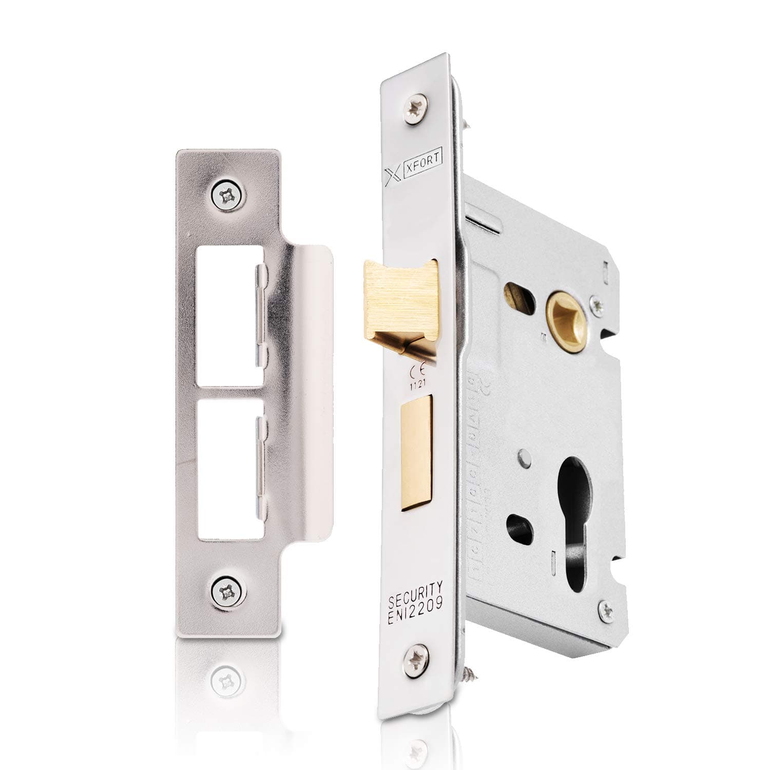 XFORT® Polished Chrome Euro Profile Sashlock 65mm for Internal and External Doors, Door Latch Mechanism With Cylinder Key Locking Security, CE Approved and Fire Rated Protection