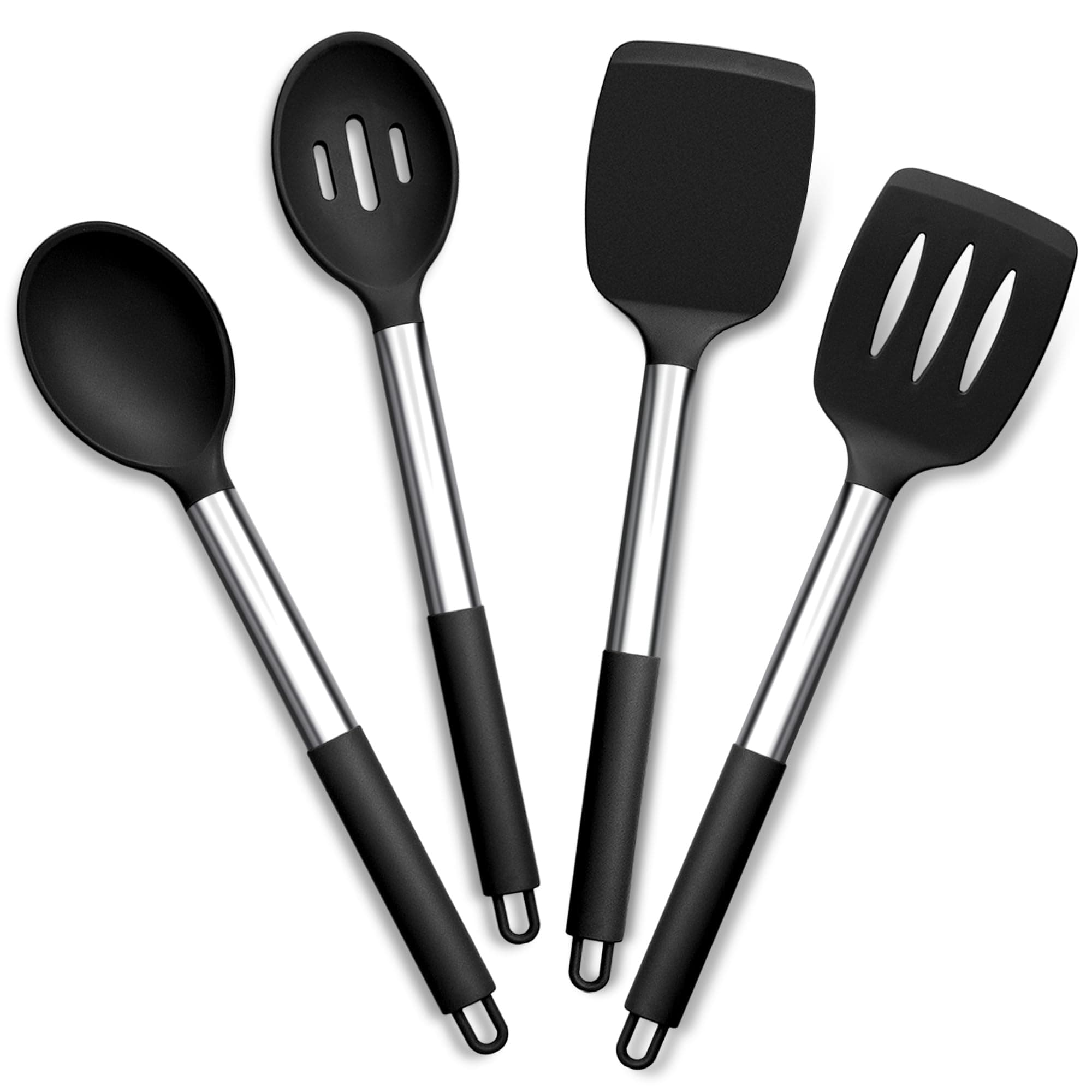 Joyfair Kitchen Utensils Set, 4 Pcs Silicone Cooking Utensils Set, Non Stick Spatula Turner Spoon Cookware Ideal for Cooking Mixing Serving Frying Stirring, Heat Resistant & Dishwasher Safe, Black