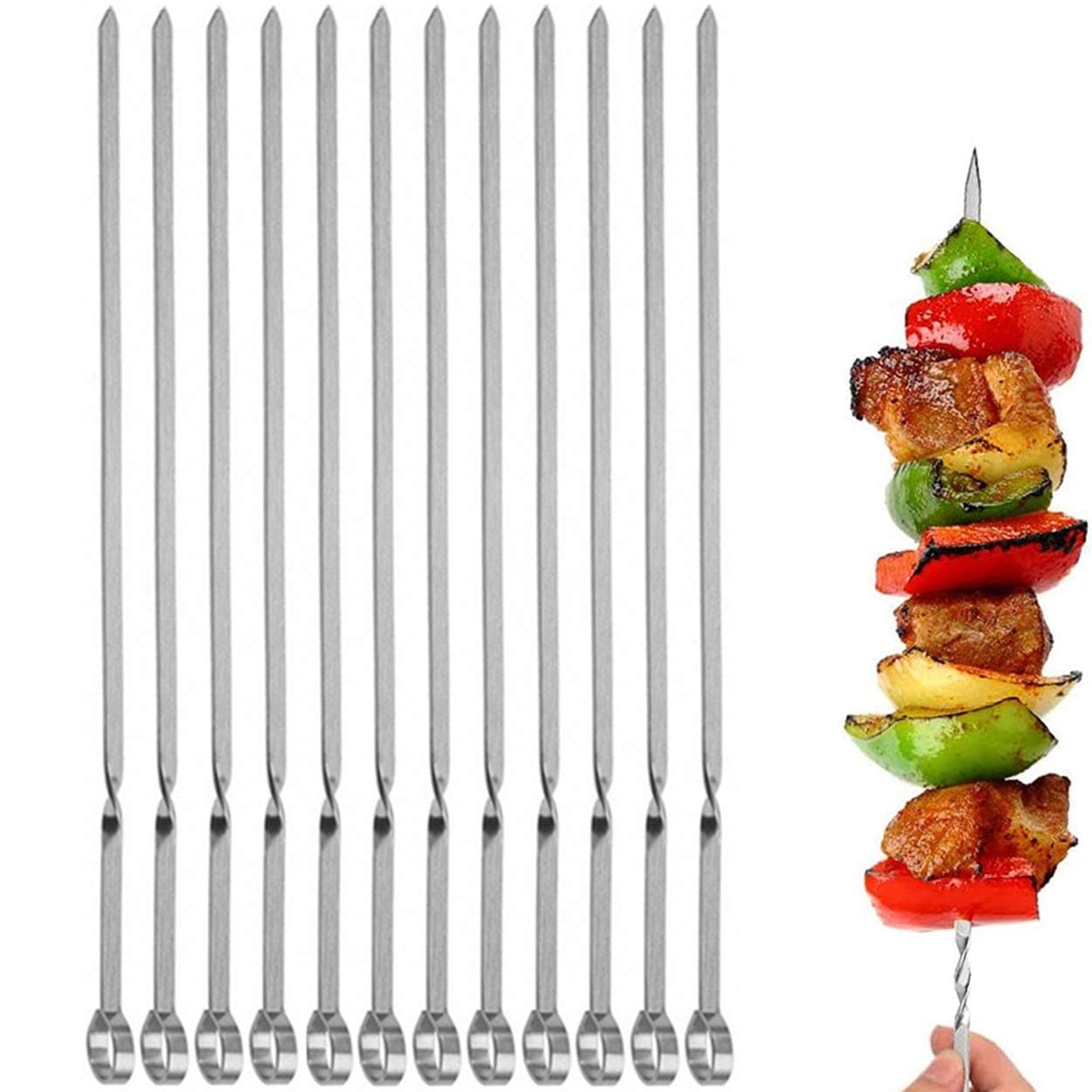 12PCS Kabob Skewers Flat Metal BBQ Barbecue Skewer 14" Long Stainless Steel Shish Kebob Sticks Wide Reusable Grilling Skewers Set for Meat Shrimp Chicken Vegetable, 12 Pack