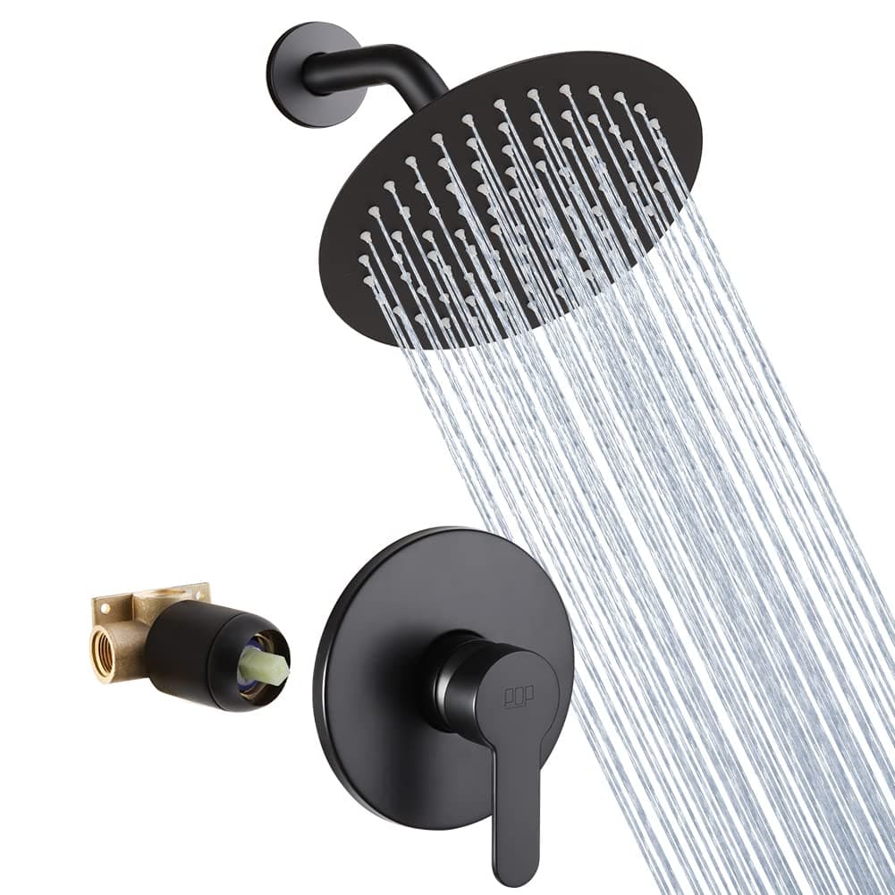 POP SANITARYWARE Matte Black Shower Faucet Set Bathroom Rainfall Shower System Wall Mounted 8 Inch Shower Head and Handle Set Single Function Shower Trim Kit with Rough-in Valve
