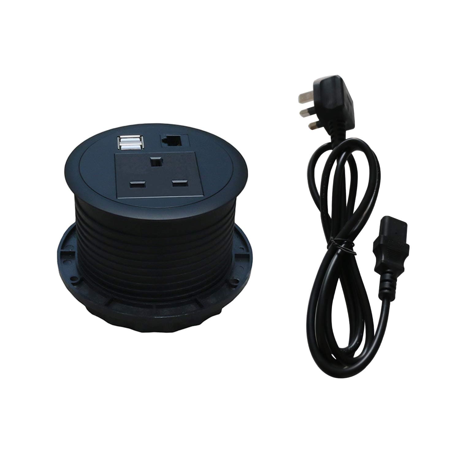 Zeshan desktop power socket cable grommet, 3.54 Inch Cut-Out Hole desk grommet with 1 UK Plug 2 USB Ports 1 Network 1 Power Cord for Office Home School Hotel Black