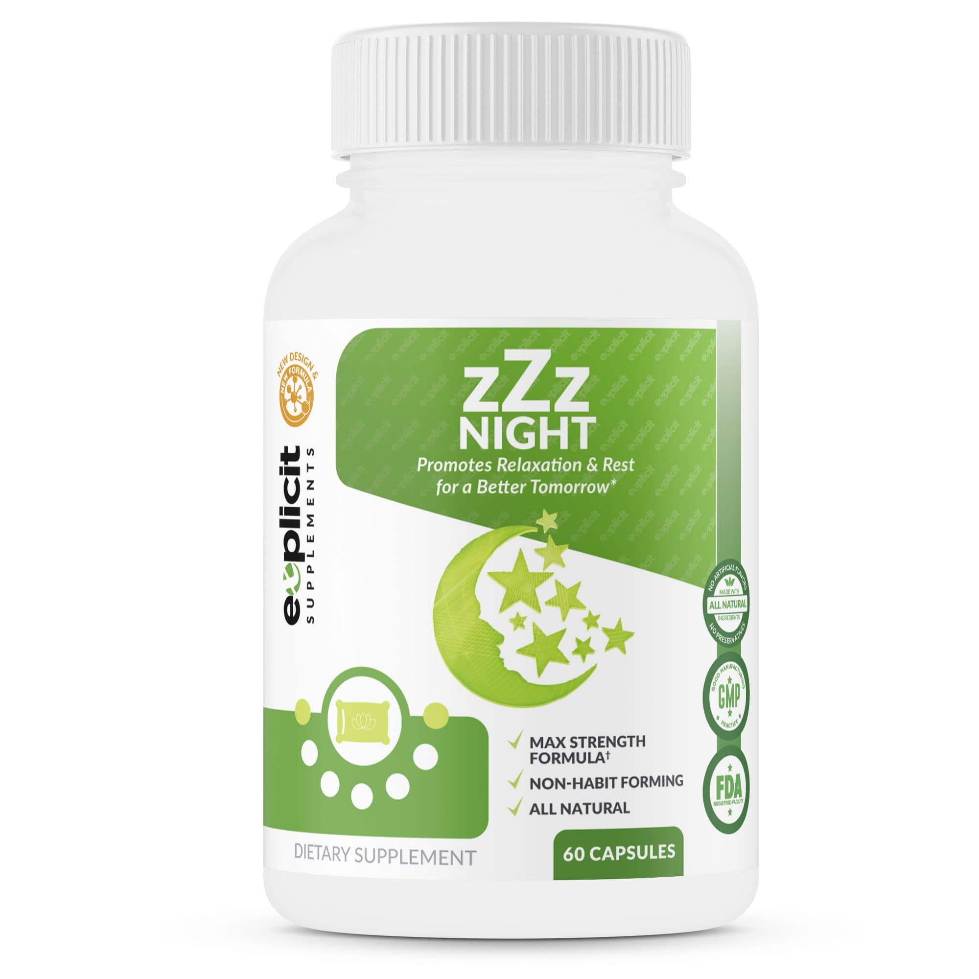 zZz Night Natural Sleep Aid - Non-Habit Forming with Melatonin, Valerian, Chamomile and More - Promotes Relaxation and Rest - 60 Capsules