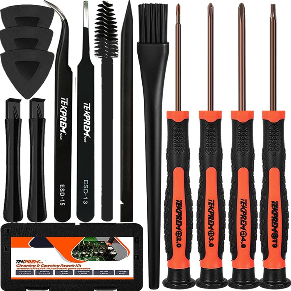 Cleaning & Opening Repair Kit for PS5 PS4 PS3,TEKPREM 14 in 1 Screwdriver Set with T9 Torx Screwdriver & PH00,Ph0,Ph1 Phillips Screwdrivers,Brushes,Tweezers for Sony Playstation 5/4/3 & Controller