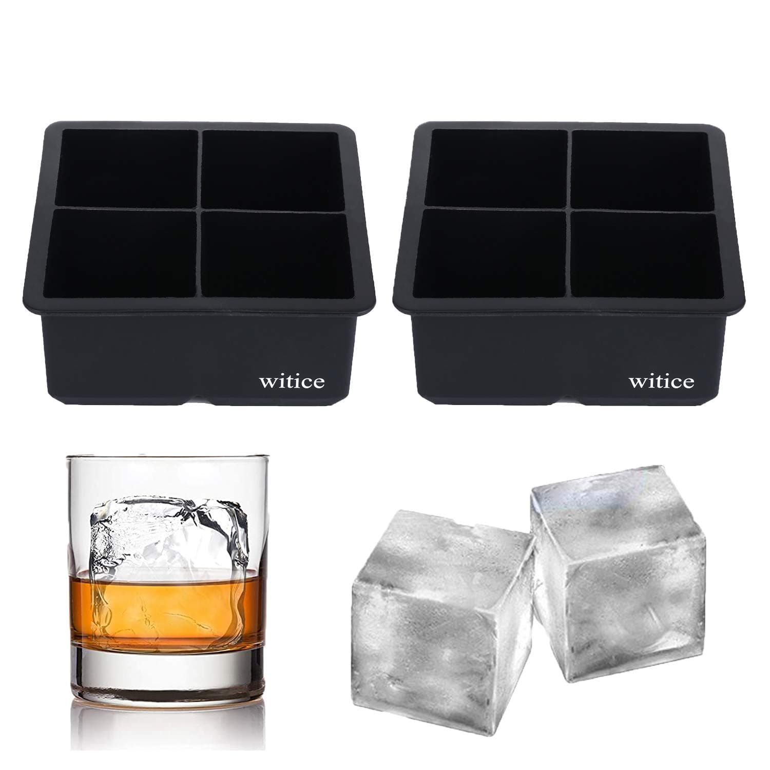 Large Ice Cube Trays Silicone (2.5-Inches) - Whiskey Ice Cube Mold, With Easy Release Ice Cubes for Whiskey and For Cocktail,Food Grade (Black 2 Tray)