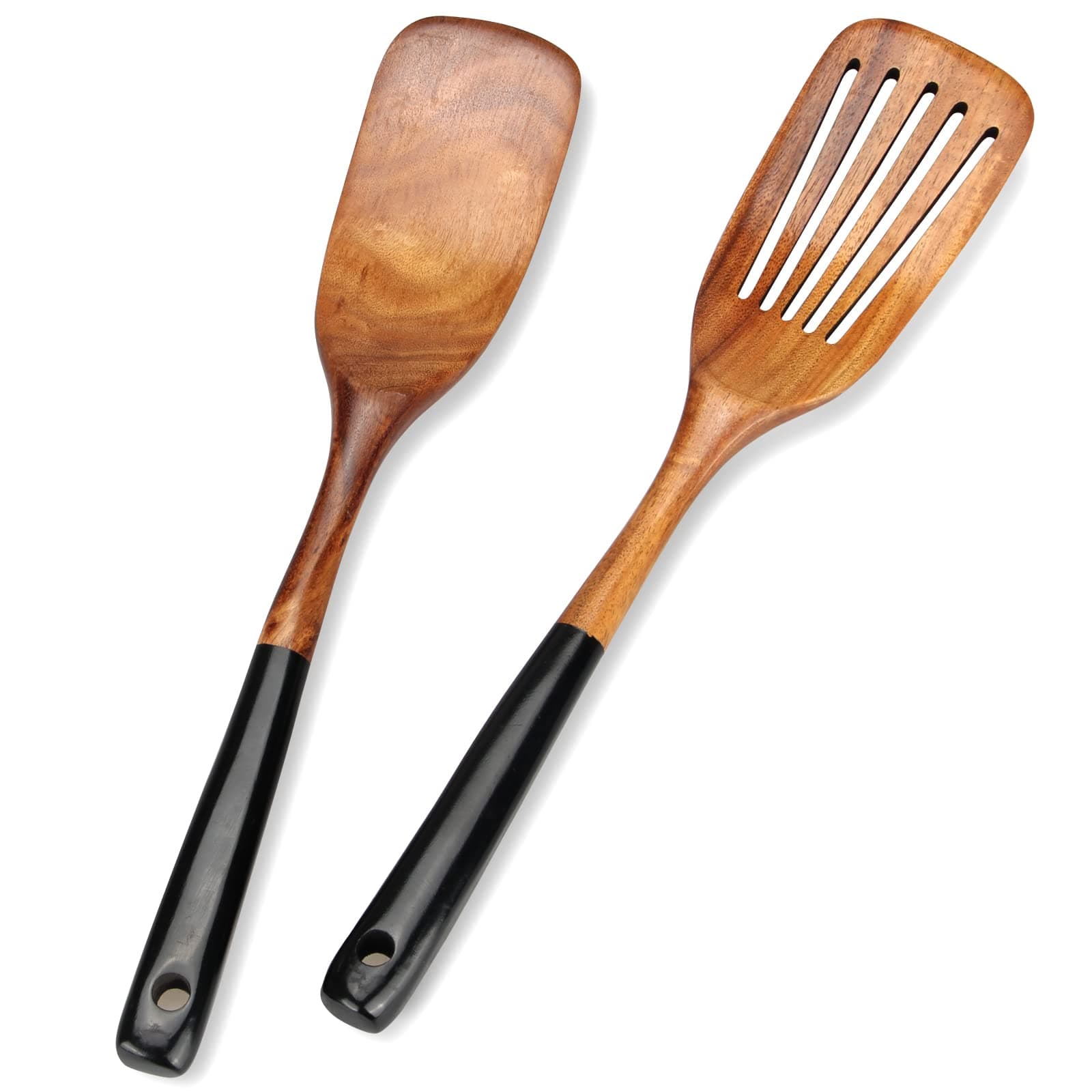 2 Pcs Wooden Spatula Set for Cooking Non Toxic Teak Kitchen Utensils Slotted Pancake Turner Flat Wood Wok Spatulas Bamboo Spoon for Cooking Utensil Set Spurtle Scraper Black Fish Egg Flipper Spatula