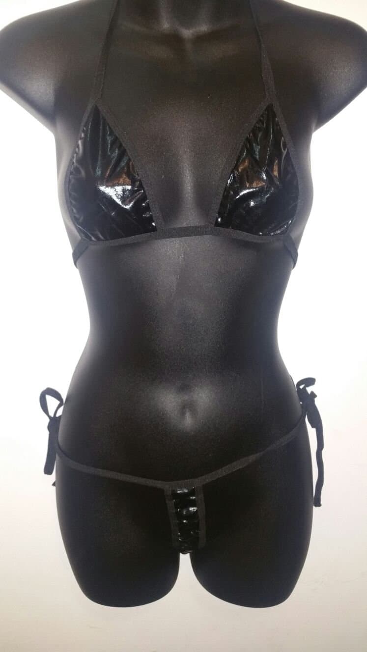 Black Shiny Metallic Set Swimsuit Bikini Dance-wear Triangle Top Side Tie Bottom
