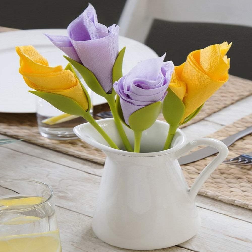 Kriva Bloom – Napkin Holders for Tables, Set of 4 Green Stemmed ABS Twist Flower Buds Serviette Holders Plus White Napkins for Making Original Table Arrangements