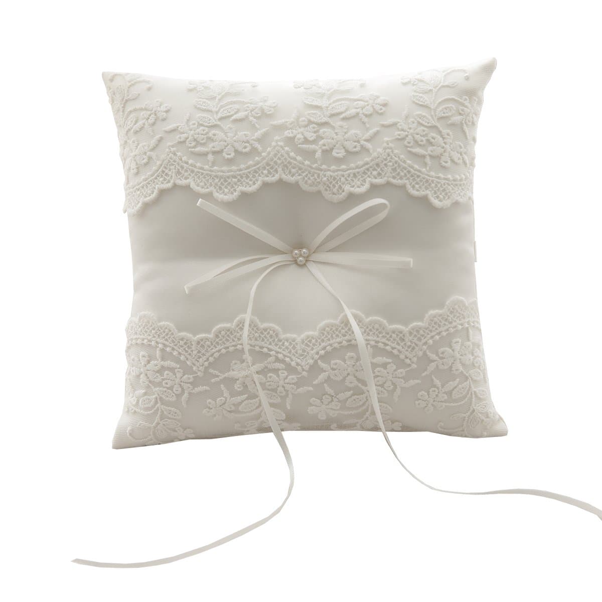 SILKTALKSilktalk Ring Pillow Wedding Handmade Cushion Beige Bow Tie Satin Ring Cushion Bearer Cotton Lace Embroidered 21 cm * 21 cm