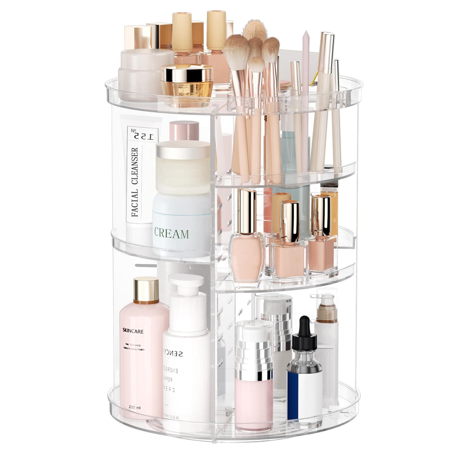 Rotating Makeup Organizer, DIY 8 Adjustable Layers Spinning Skincare Organizer, Cosmetic Display Case with Brush Holder Perfume Tray, Multi-Function Storage Carousel for Vanity Bathroom Countertop