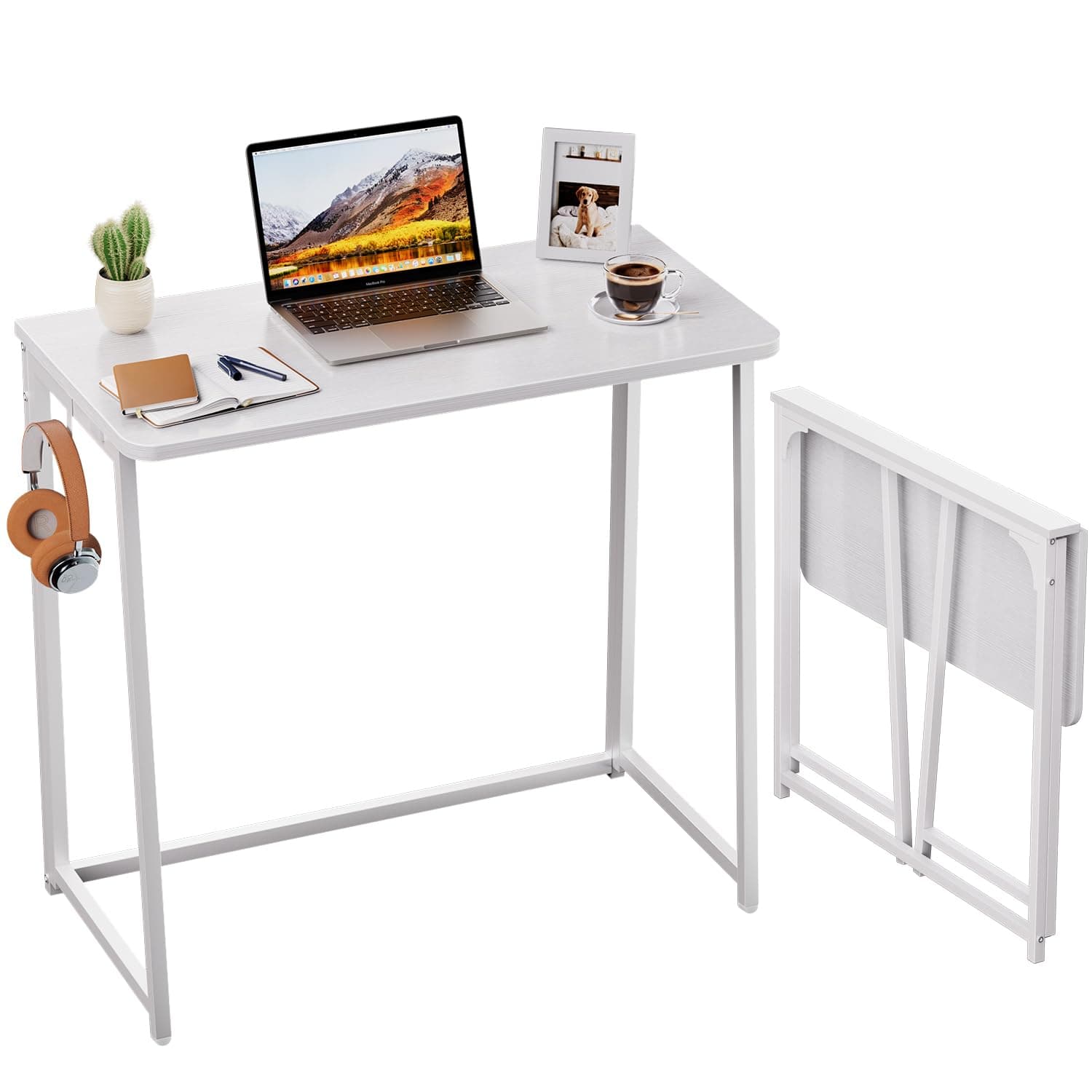 WOHOMO Folding Desk, 31.5" Small Desk for Small Spaces, Easy Assemble Foldable Computer Desk for Laptop, Mini Portable Working Table Narrow Wooden Writing Workstation for Home Office, White