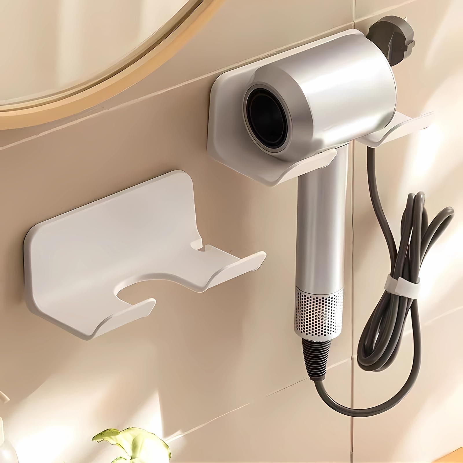 Universal Hair Dryer Holder Self Adhesive Wall Mount Stand for Most Brands/Sizes Hair Dryer Organizer Rack with Plug and Wire Hooks for Bathroom