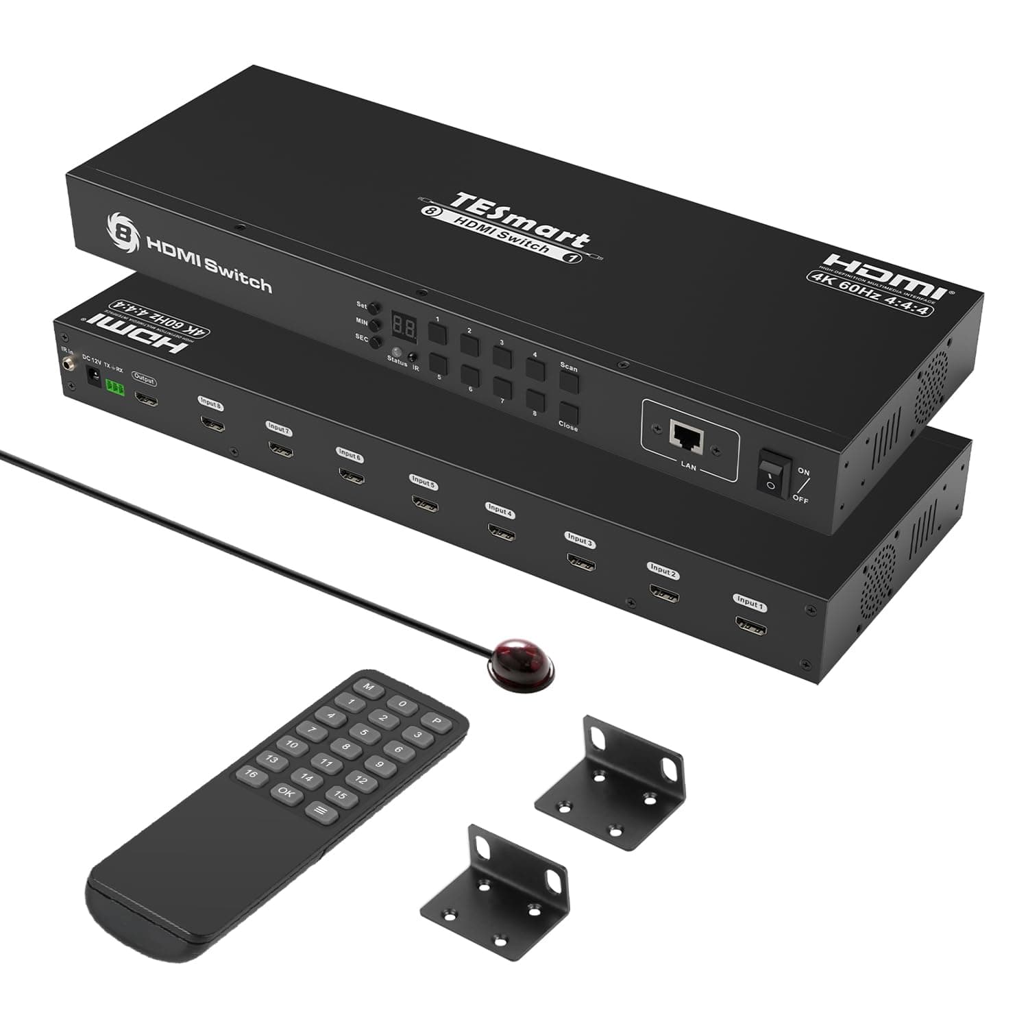 TESmart 8×1 HDMI Switch 8 in 1 Out 4K @ 60Hz HDCP with 19-inch Rack-Ears | RS-232 / LAN Control | IR Remote Control and Auto Switch | Auto Scan Time Interval - Black