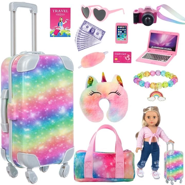 ZITA ELEMENT 23 PC 18 inch Doll Accessories Suitcase Rainbow Travel Set,Suitcase, Bag, Camera, Computer, Cell Phone, Neck Pillow, Eye Mask etc Gift for Birthday Christmas (Doll & Clothes not included)