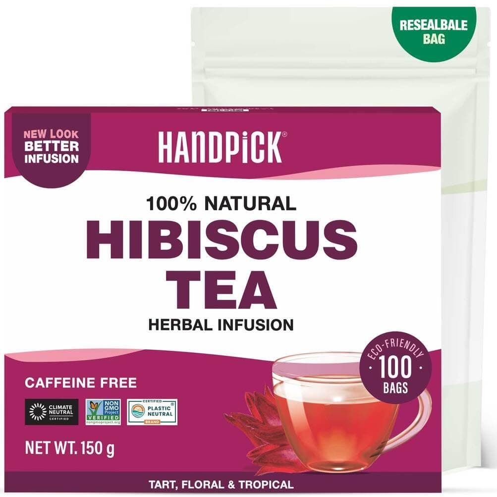 HANDPICK, Hibiscus Tea Bags - 100 Count | Caffeine-Free, Pure Ingredients - Hibiscus Flowers | 100% Halal Certified | Brew Hot, Iced Tea or Kombucha Tea | Round Nutritious Herbal Tea Bags