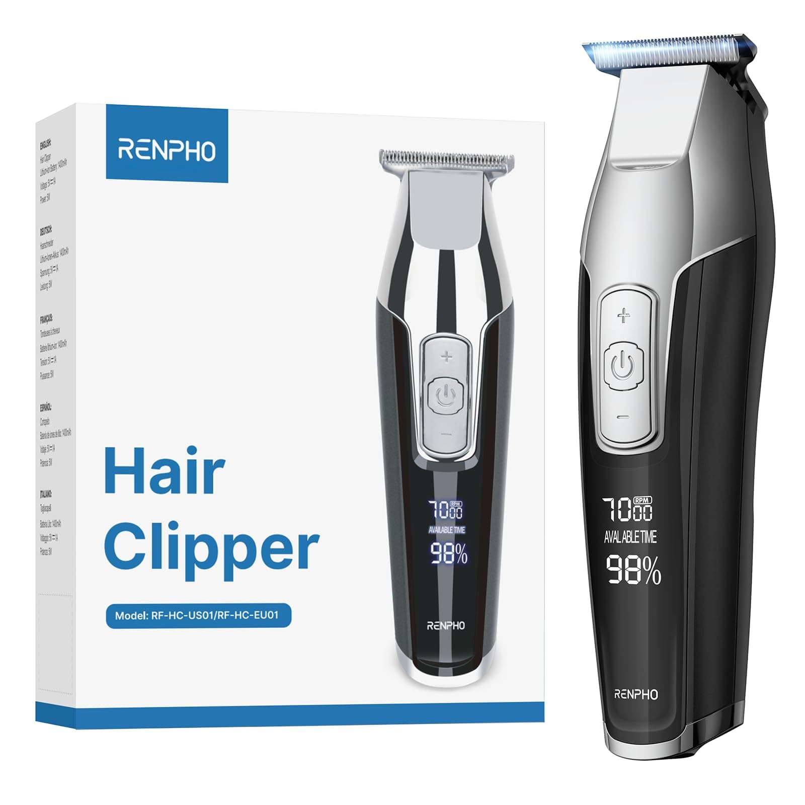 RENPHO Cordless Hair Clippers for Men, Beard Trimmer with LED Display, 4-Speed Hair Trimmer for Men, 0.15mm Professional Barber Clippers, Hair Cutting Kit, 100-240V for Global Travel