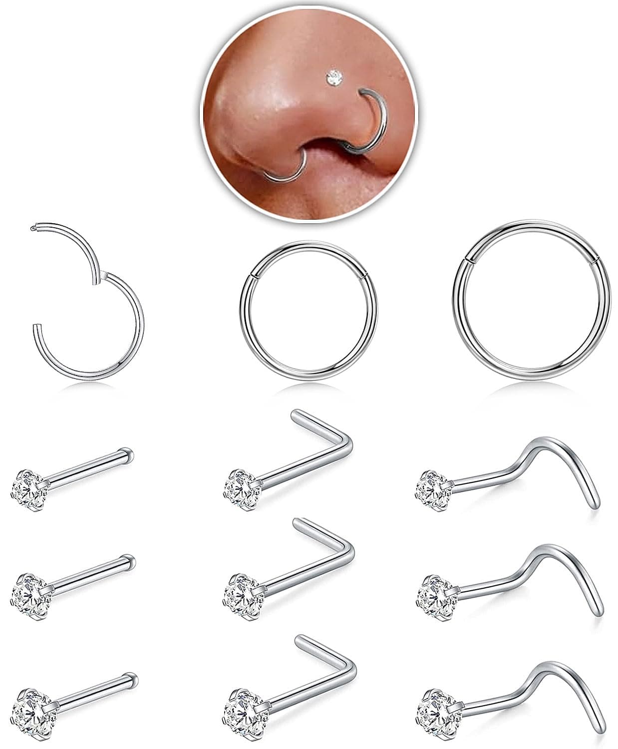 Nose Rings Hoop and Nose Studs Sets for Women Men,Hypoallergenic 316L Surgical Stainless Steel Hinged Clicker Segment Nose Rings Hoop Helix Cartilage Daith Tragus Sleeper Earrings Silver Gold Black L Shape/Corkscrew/Straight Nose Studs Real Body Piercing Jewelry