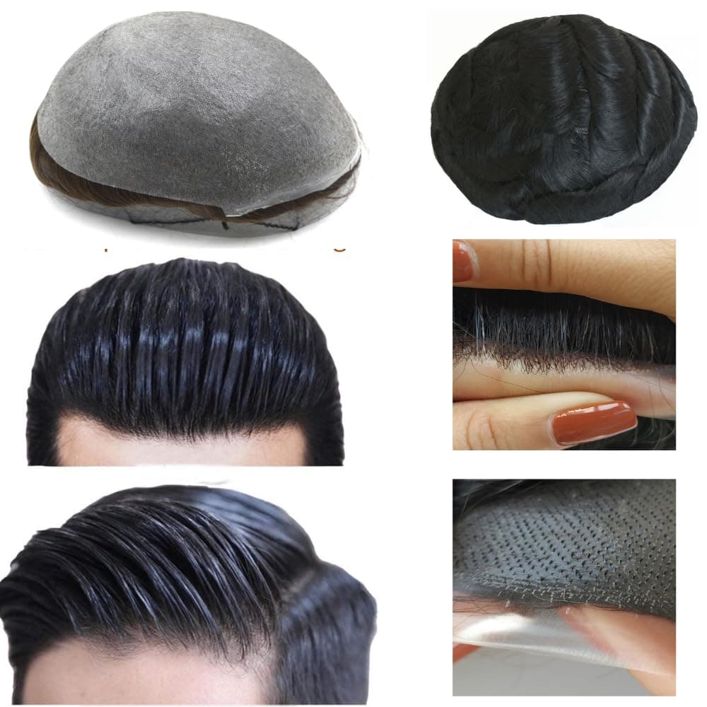 Hairnotion 0.04-0.06MM Thickness Super Thin Skin Front 1/8" V-looped Human Hair Toupee for Men (1#)