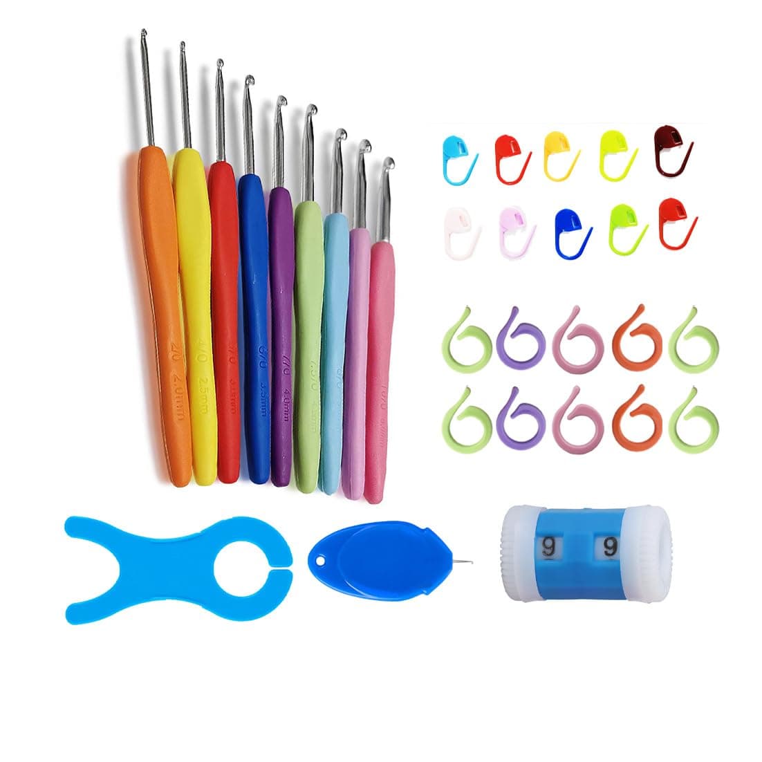 9PCs Soft Rubber Handle Aluminum Hook Crochet Hooks Template Kit TPR Knitting Needles for Loom Tool Band DIY Crafts
