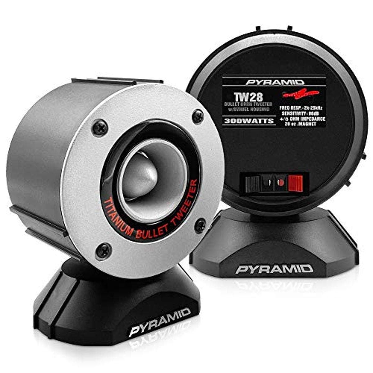 Pyramid 300 Watt Marine Tweeter Speaker - 3.75” Aluminum Bullet Horn w/ 1” Titanium Dome Tweeter, 2k-25kHz Frequency Response, 4 Ohm Impedance, Heavy Duty 20 Oz. Magnet Structure -TW28 (Pair)