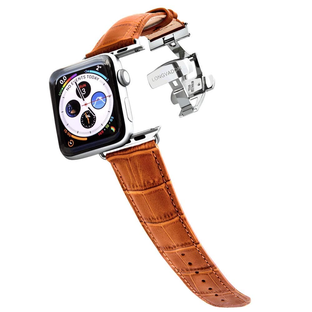 Longvadon Leather Watch Bands for Men - Compatible with Apple Watch Series 1-9 (42, 44 & 45MM) - Caiman Series - Whiskey Brown/Silver Details - XL Size