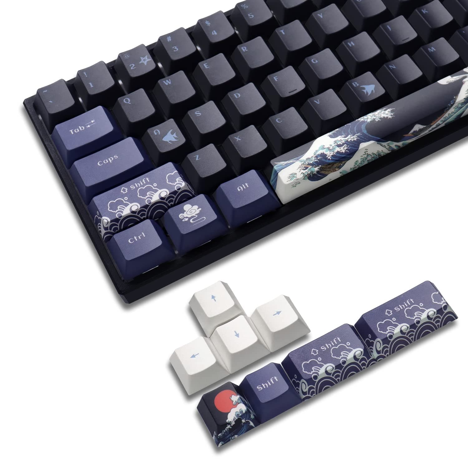 Sdyz Pbt Keycaps 60 Percent, Great Wave Off Kanagawa Japanese Keycaps, Dye-Sub Custom Set, Cherry Profile For 61/64/66/68 Gateron Mx Switches Mechanical Keyboard, 78 Key Set