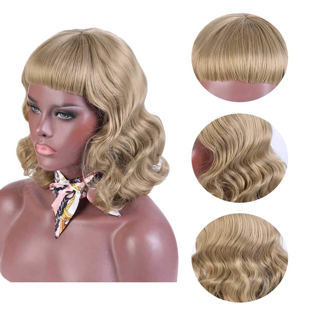 DIFEI Short Wavy Wigs with Bangs Long Finger Wavy Wigs for Women Girls(24",Brown)