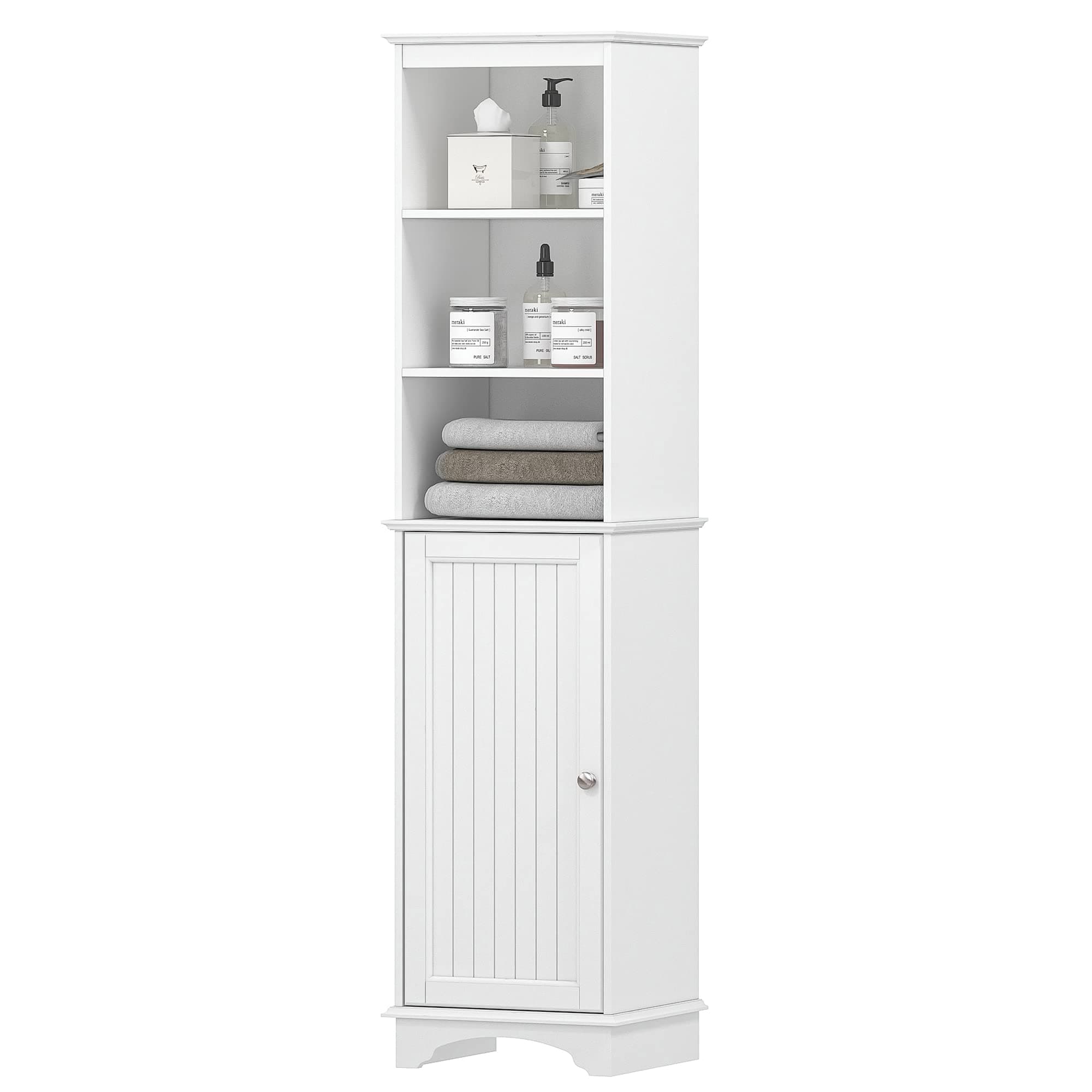 Spirich Home Freestanding Storage Cabinet with Three Tier Shelves, Tall Slim Cabinet, Free Standing Linen Tower, White Finish