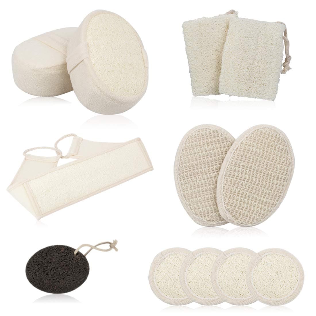 Loofah Gift Set for Home Spa, Bath and Shower All in One, Pumice Stone, Body Facial Pads, Back Scrubber, Loofah Sponge for Men and Women