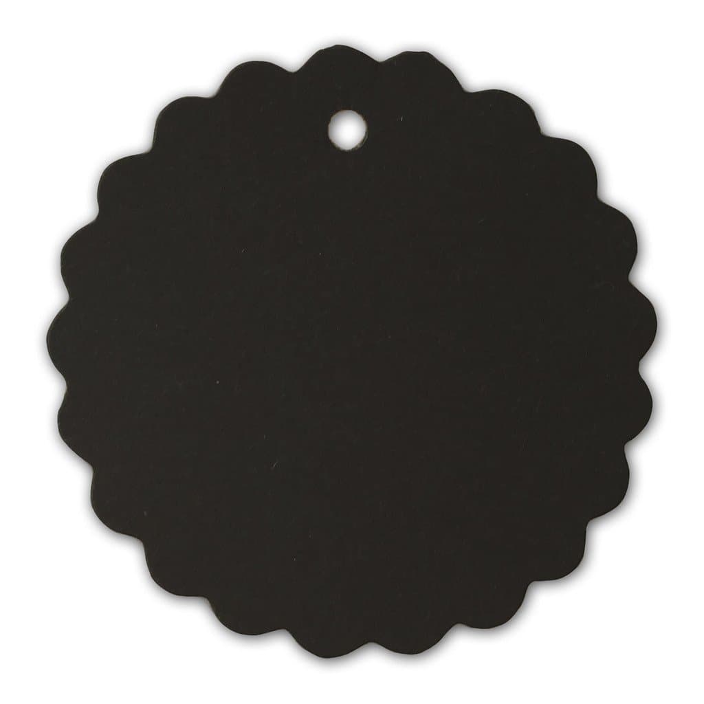 LWR CRAFTS 100 Hang Tags Scalloped Round with Jute Twines 100ft (2", Black)