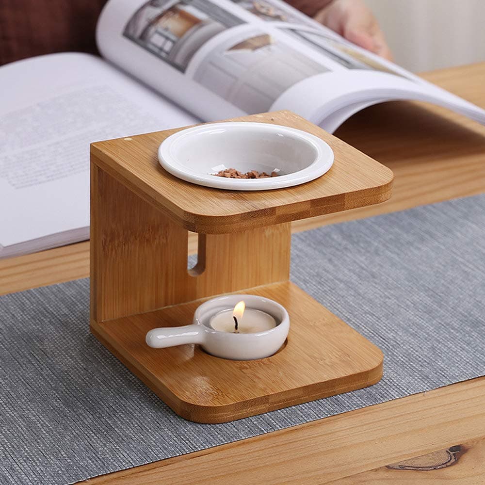 OIUT Wooden Essential Oil Burner Set of 1 Ceramic Scented Wax Melt Warmer Combuster with Tealight Decorative Candle Holder Aromatherapy Aroma Inflamer for Spa Yoga Meditation Home Office (A)