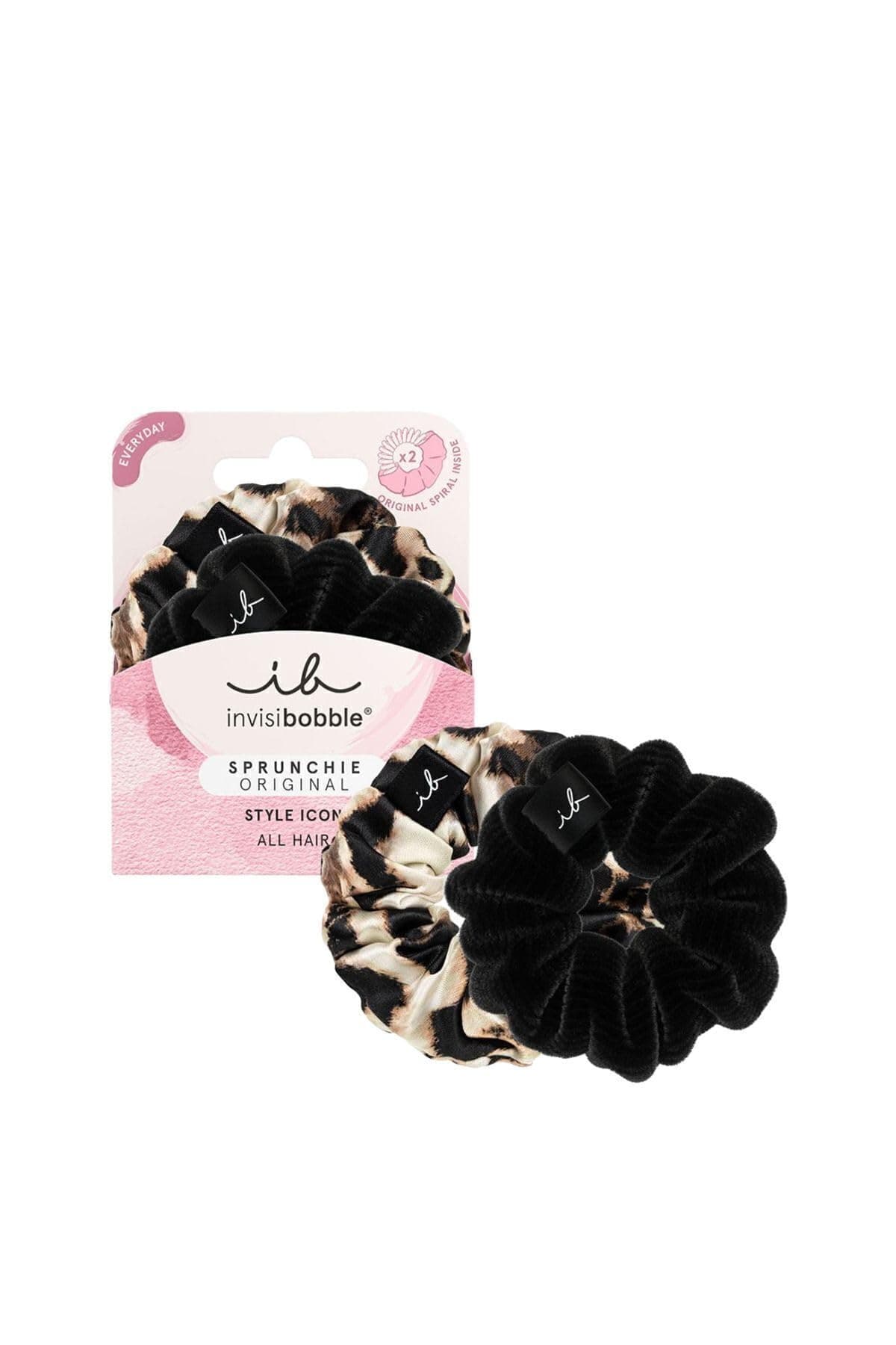 Invisibobble Girl Black and Leopard Sprunchie X2 Scrunchie - Fabric Scrunchie with Spiral Hair Band Inside - Hair Scrunchies for Women and Men Comfortable