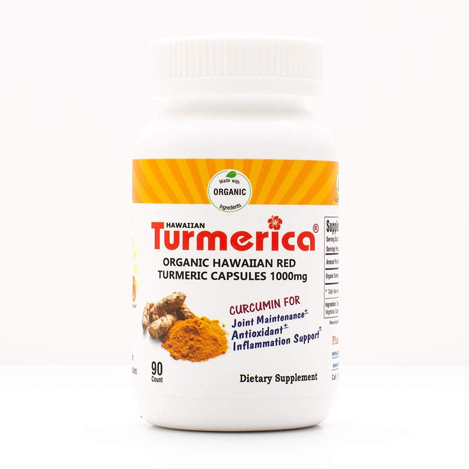 Hawaiian Turmeric Curcumin 1000mg Capsules, 100% Hawaiian Turmeric with no Other fillers, Made in The USA, 90 Vegetarian Capsules