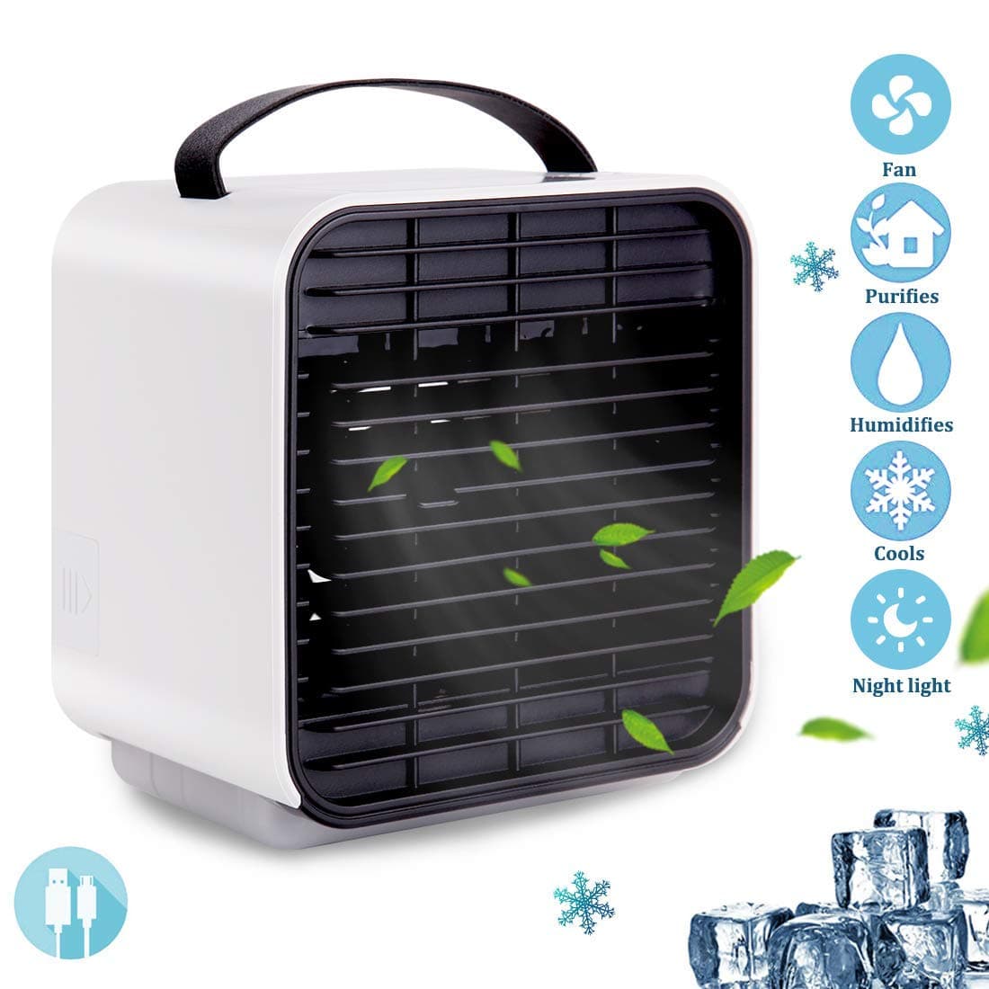 Portable Air Conditioner Fan, 5 in 1 USB Evaporative Cooler Personal Mini Air Conditioner Humidifier Purifier Cooler Rechargeable Kids Air Conditioner Fan with LED Light for Home Outdoor Travel