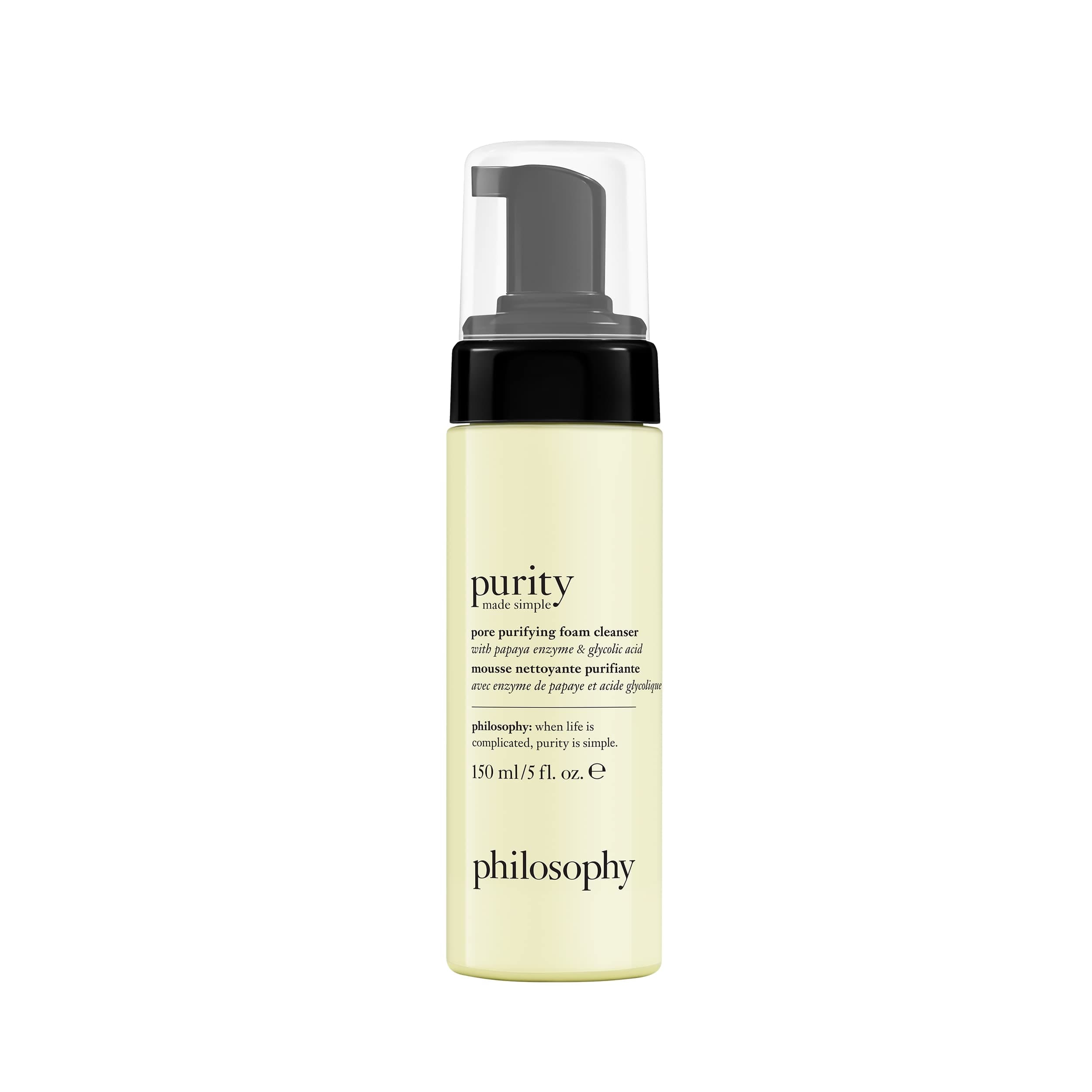 purity pore purifying facial foam cleanser 150ml, with papaya enzyme & glycolic acid, removes impurities from pores, suitable for AM and PM