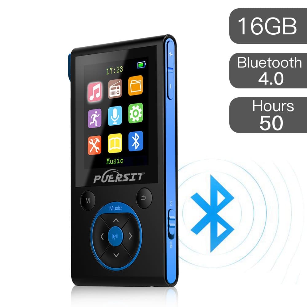 16GB MP3 Player,HiFi Bluetooth MP3 Player 50 Hours Playback Portable Music Player Lossless Sound Media Player By Puersit (Black+Blue)